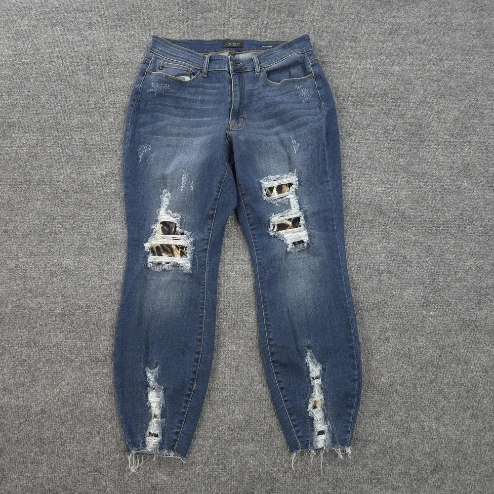 Judy Blue‎ Jeans Womens 16W Blue High Rise Skinny Distressed Denim Leopard